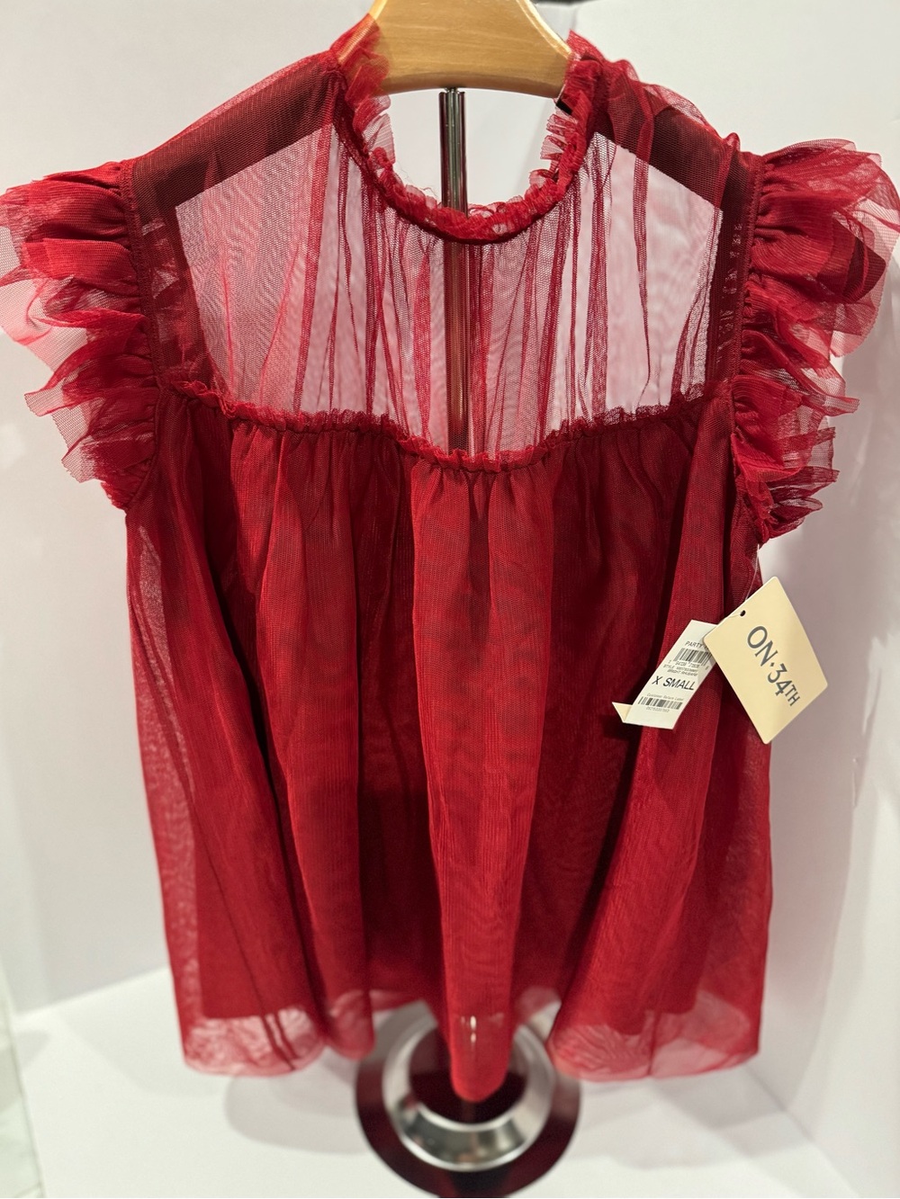 ON 34TH Red Mesh Ruffle Party Top XS NWT Sheer Tulle Blouse